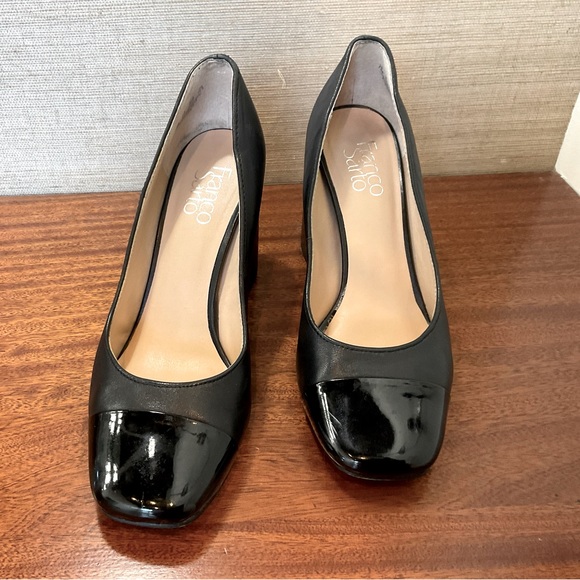 Franco sarto roller black leather block heel cap toe slip on pumps - Picture 5 of 12